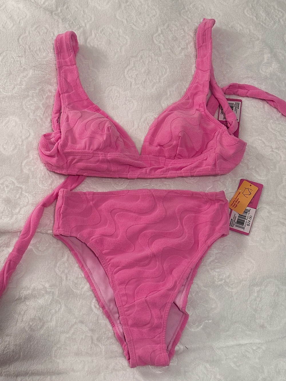 Ninety-Nine Pink Textured Wave High-Waist Bikini Set